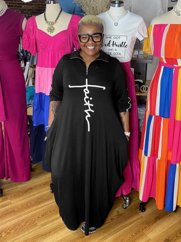  Letter Print Side Stripe Pocket Half Zip Tee Dress, Dresses for Women, Casual Long Sleeve Collared Maxi Dress for Spring & Fall, Plus Size Women's Clothing for Daily Wear, Plus Size Fall Outfits 2024, Fall Dresses