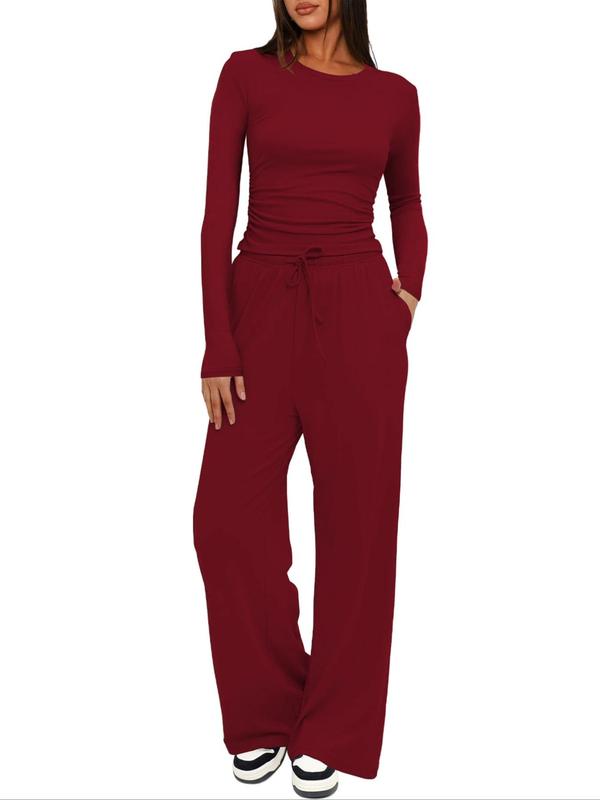 Women's Solid Long Sleeve Tee & Drawstring Waist Wide Leg Pants Loungewear Two-Piece Set, Casual Comfy Round Neck Top & Trousers PJ Set, Ladies Sleepwear for All Seasons