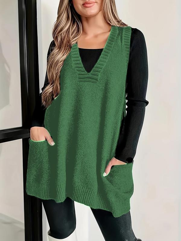  Solid Pocket V Neck Knit Tank Top, Casual Sleeveless Knitwear for Fall & Winter, Women's Clothing for Daily Wear