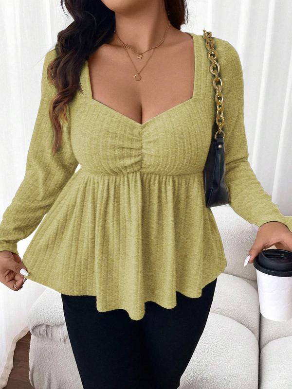  Solid Ruched Plicated Sweetheart Neck Tee, Casual Long Sleeve T-shirt for Fall & Winter, Women's Clothing for Daily Wear