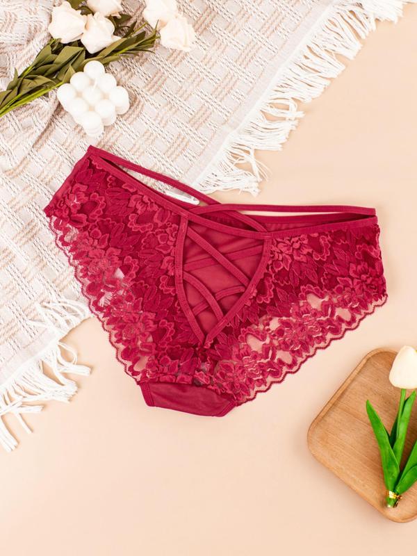 Floral Detail Contrast Mesh Lace Up Panty, Panties for Women, Solid Color Sheer Knicker for All Seasons, Comfy Breathable Underwear for Women, Sexy Womenswear, Women Nightwear