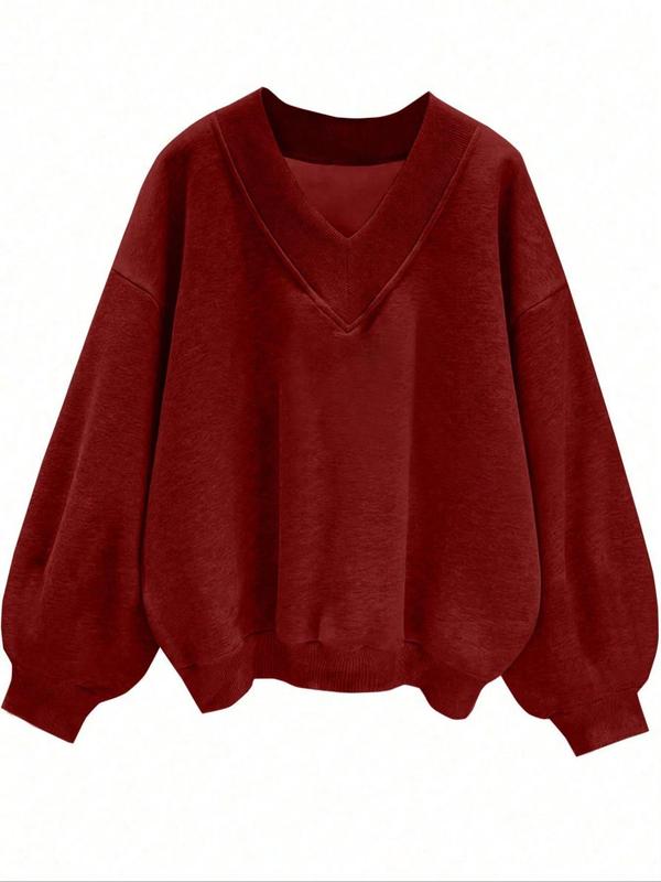 Women's Plain Drop Shoulder V Neck Sweatshirt, Casual Long Sleeve Sweatshirt for Daily Wear for Fall, Ladies Clothes for Fall, 90s Clothes, Fall Clothes, 90s Clothes