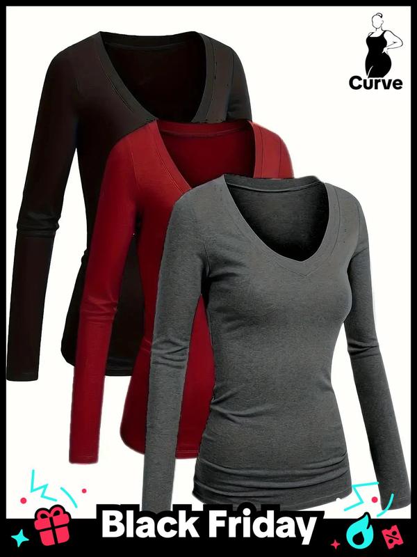  Solid Color V Neck Long Sleeve Tee, Casual Top, Basic T-Shirt for Spring & Fall, T Shirts for Women, Women's Plus Clothing for Daily Wear
