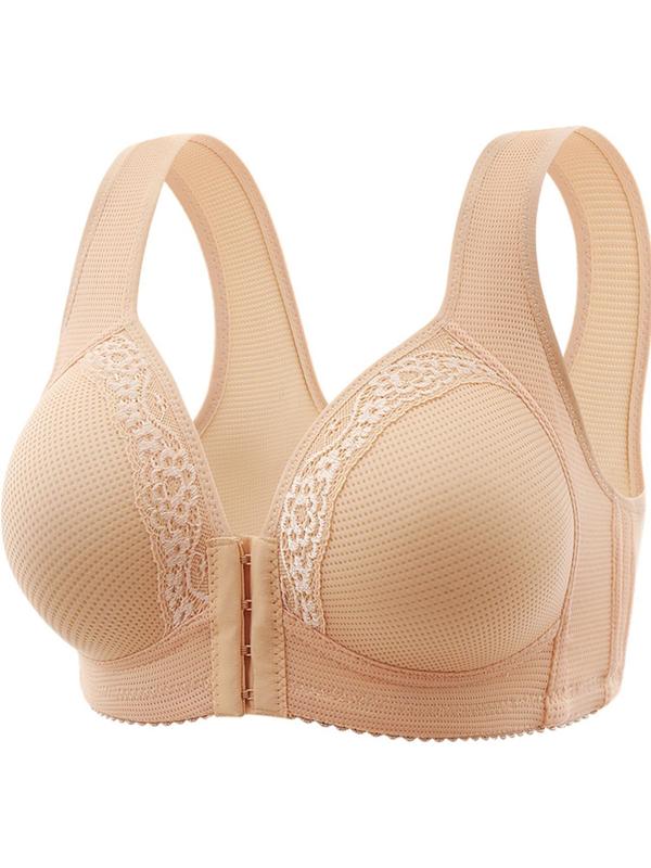 Women's Contrast Lace Hook & Eye Closure Front Push Up Bra, Breathable Comfortable Wireless Bra, Solid Color Lingerie for Daily Wear