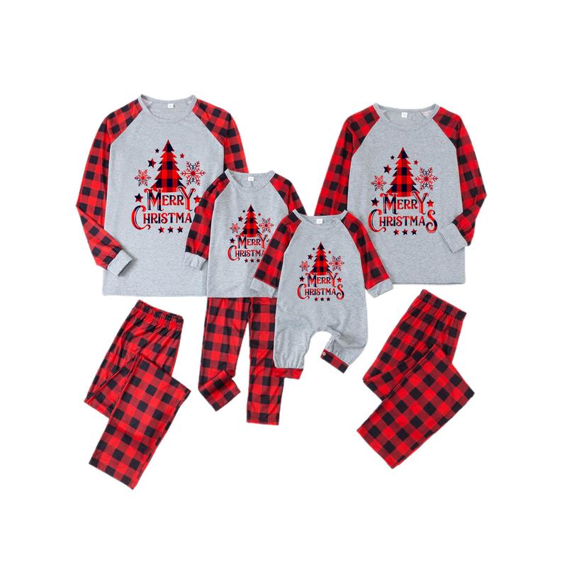 Family Matching Christmas Pajamas Sets Long Sleeve Letter Print Tops + Plaid Pants or Long Sleeve Patchwork Jumpsuit