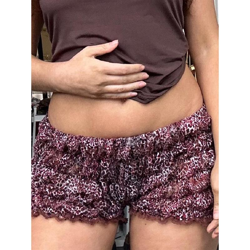 Women Y2k Ruffle Micro Bloomer Shorts Leopard Print Smocked Ruched Boxer Shorts Bottoms Summer Lounge Short Pants
