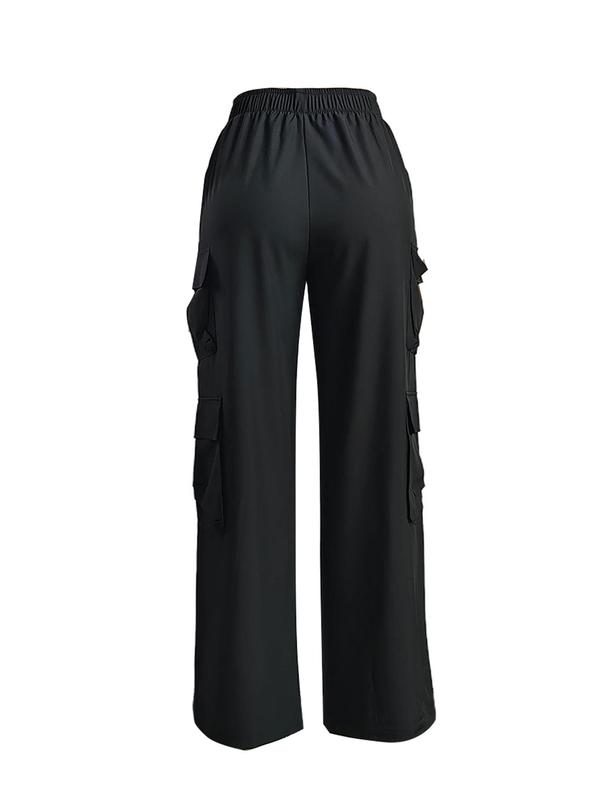 Plain Pocket Elastic Waist Cargo Pants for Women, Comfort Womenswear, Basic Street Style Straight Leg Trousers for Women for Daily Wear, Ladies Bottoms for Fall Downtown Girl Clothes