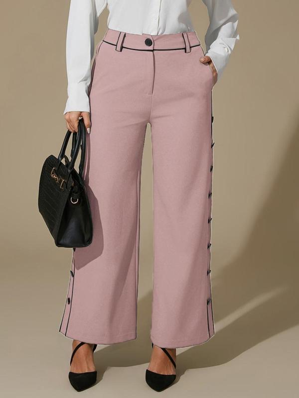 Women's Colorblock Button Wide Leg Pants, Casual Comfy High Waist Trousers for Daily Wear, Ladies Bottoms for All Seasons