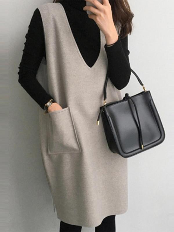 Women's Plain Split Hem V Neck Tank Dress, Casual Sleeveless Pocket Dress for Spring & Fall, Women's Clothing for Daily Wear
