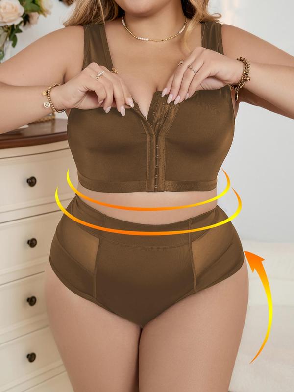 Women's Plus Size Contrast Mesh Hook Closure Underwear Set, Push Up Bra & High Waist Panty Set, Women's Plus Size Underwear Set, Summer Wear