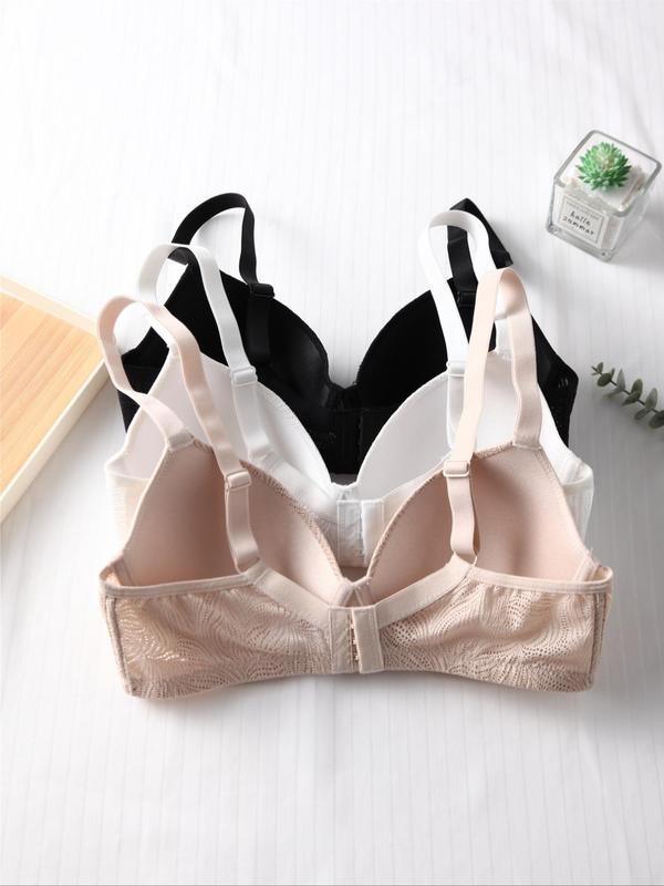 Women's Solid Color Lace Underwire Bra, Chic Casual Comfortable Breathable Adjustable Straps Push Up Lingerie Top, Lingerie for All Seasons