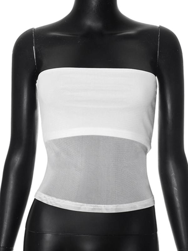 Women's Galentine Day Solid Contrast Mesh Sheer Backless Skinny Tube Top, Y2K Slim Minimalist Strapless Sleeveless Top for Holiday Vacation Outdoor, Sexy Clothes for Lady, Summer Outfits 2024,  Basic Comfort Womenswear, Brandy Tops