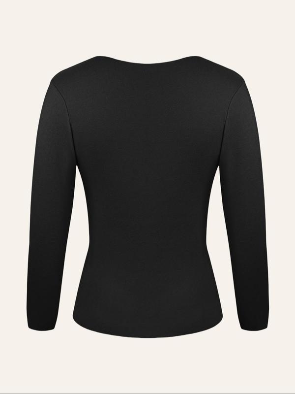 Women's Solid Color Contrast Lace Thermal Lined Underwear Top, Casual Comfy Warm Round Neck Long Sleeve Top for Fall & Winter, Women's Underwear for Daily Wear
