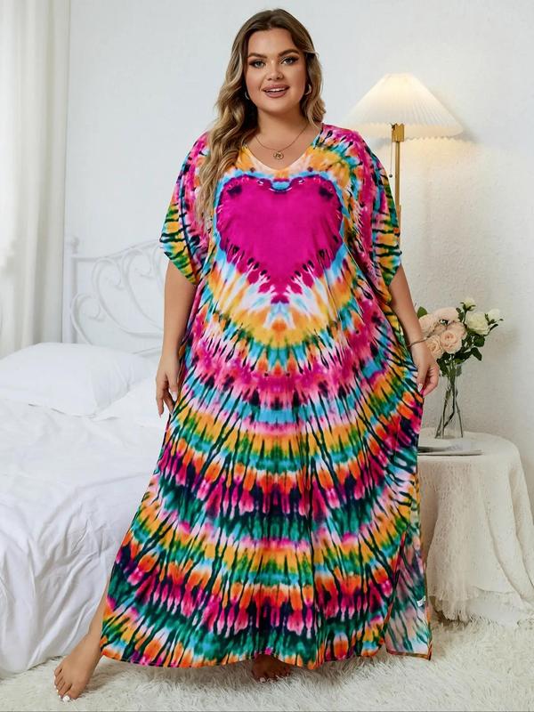  Colorful Graphic Batwing Sleeve Tunic Dress, Bohemian Muumuu Dress, Summer Outfits 2024, Casual Comfort V Neck Half Sleeve Split Long Dress for Lady, Women's Clothing for Summer