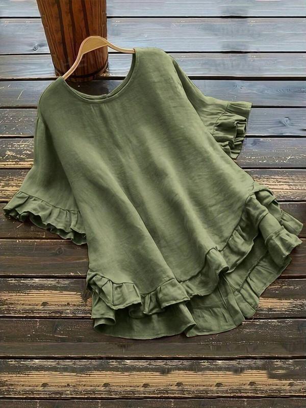  Plain Ruffle High Low Hem Blouse, Summer Outfits, Casual Round Neck Half Sleeve Top for Summer, Summer Tops, Women's Clothes for Daily Wear, Peplum Top