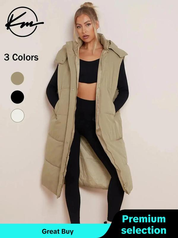 Womenswear Solid Button Front Hooded Winter Vest Coat, Comfort Pocket Design Longline Waistcoat for Fall & Winter, Minimalist Clothing for Daily Wear, Going Out Outfits