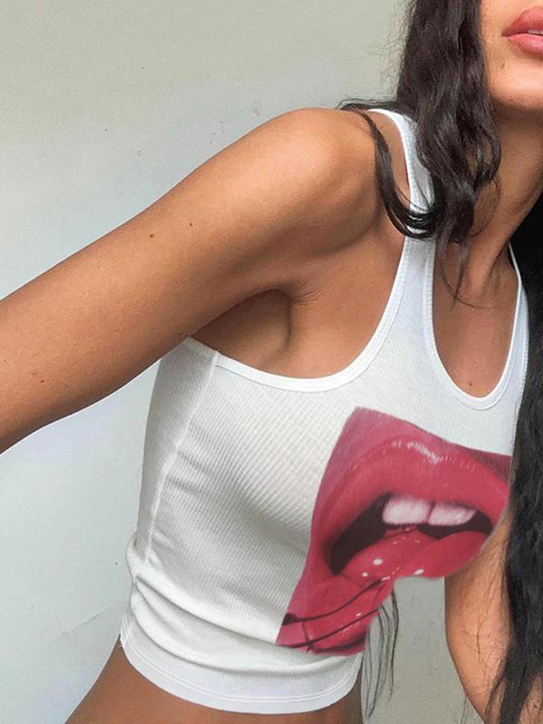 Women's Cherry & Mouth Print Scoop Neck Tank Top, Casual Tight-fitting Sleeveless Top for Summer, Ladies Clothes for Daily Wear