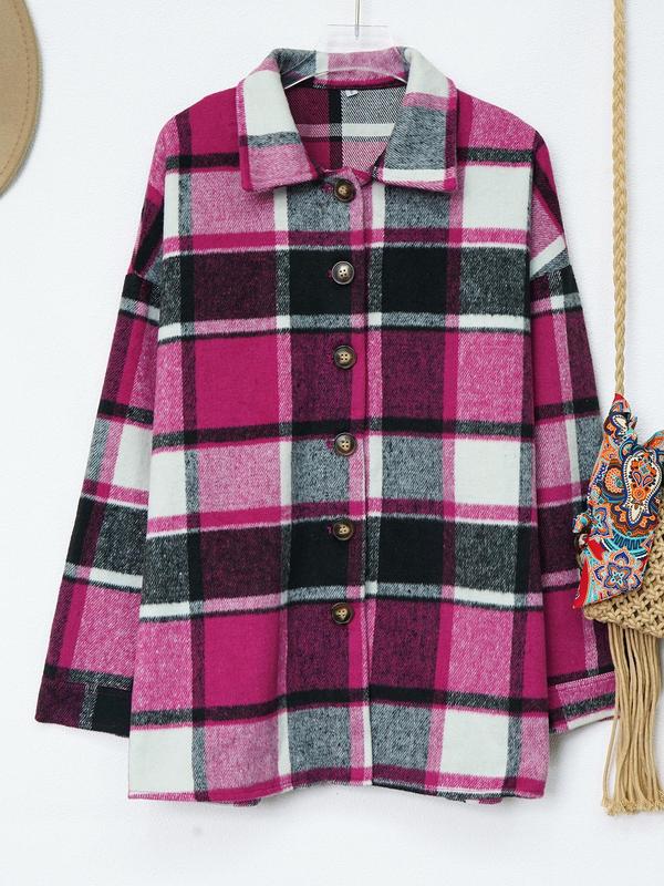 Women's Plaid Print Drop Shoulder Button Front Shirt, Casual Jackets, Long Sleeve Collared Outerwear for Fall & Winter, Ladies Clothes for Daily Wear