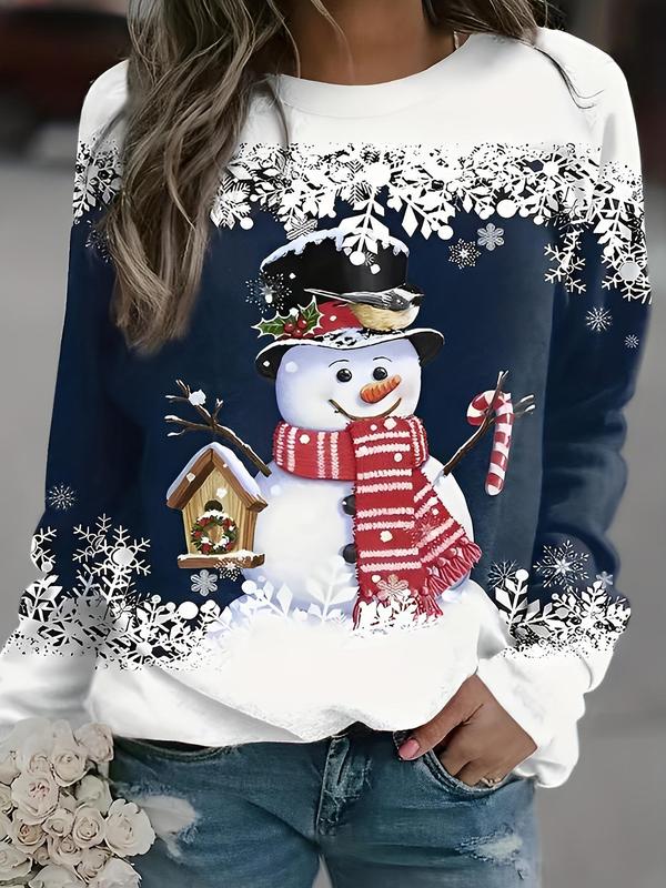  Cartoon Snowman Print Round Neck Sweatshirt, 1 Count Casual Long Sleeve Crew Neck Pullover for Daily Wear, Women's Plus Clothing for Fall & Winter