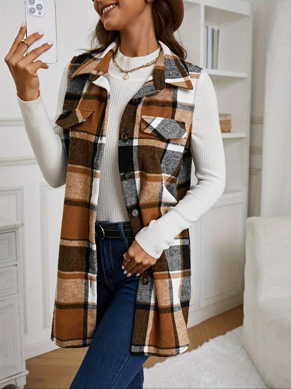 Women's Plaid Print Button Front Pocket Vest Coat, Casual Sleeveless Collared Outerwear for Daily Wear, Ladies Clothes for All Seasons