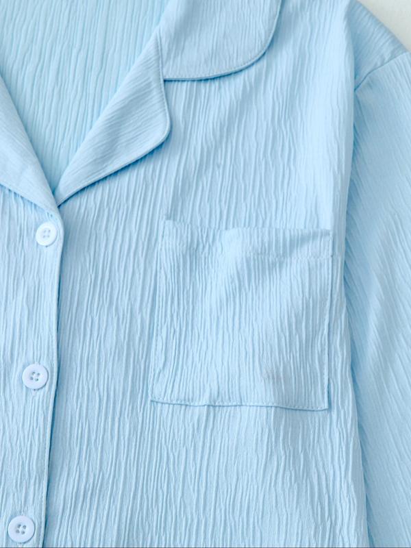 Two-Piece Set Women's Solid Button Front Pocket Lapel Shirt & Elastic Waist Shorts Pyjama, Casual Comfy Long Sleeve Top & Shorts PJ Set, Women's Sleepwear for Spring & Fall