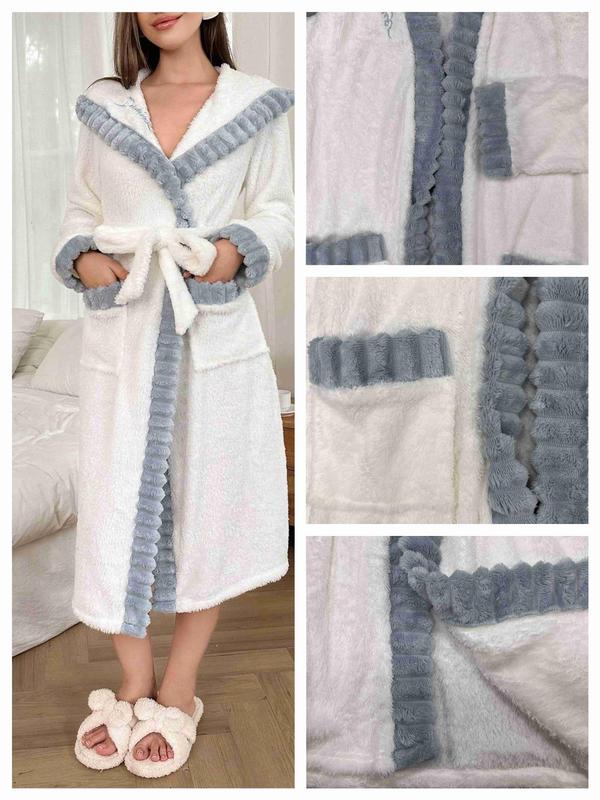 Women's Contrast Binding Belted Robe, Casual Drop Shoulder Long Sleeve Robe, Women's Sleepwear for Fall & Winter