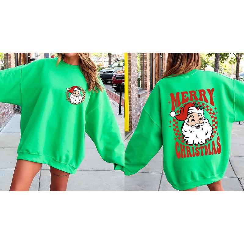 Retro Santa Checkered, Front and Back, Merry Christmas, Winter, Snow, Xmas Sweatshirt, Women's Crew Neck, Crewneck