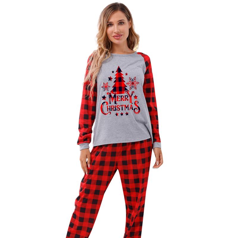 Family Matching Christmas Pajamas Sets Long Sleeve Letter Print Tops + Plaid Pants or Long Sleeve Patchwork Jumpsuit