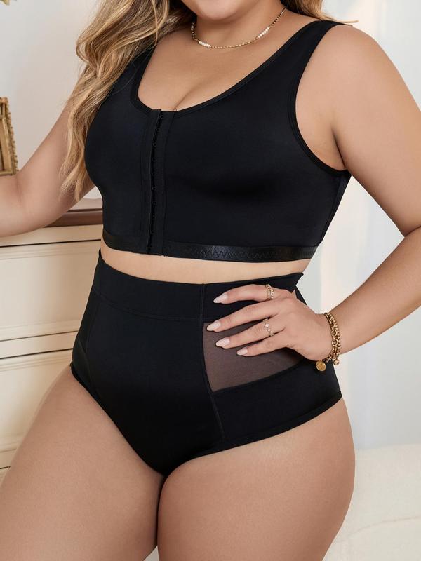Women's Plus Size Contrast Mesh Hook Closure Underwear Set, Push Up Bra & High Waist Panty Set, Women's Plus Size Underwear Set, Summer Wear