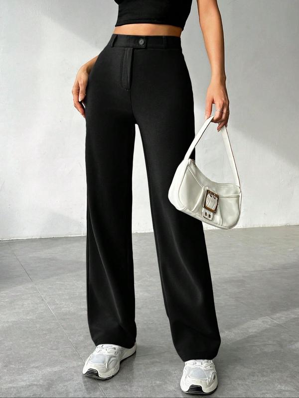 Women's Solid Button Fly Straight Leg Pants, Casual Comfy Trousers for Daily Wear, Ladies Bottoms for All Seasons