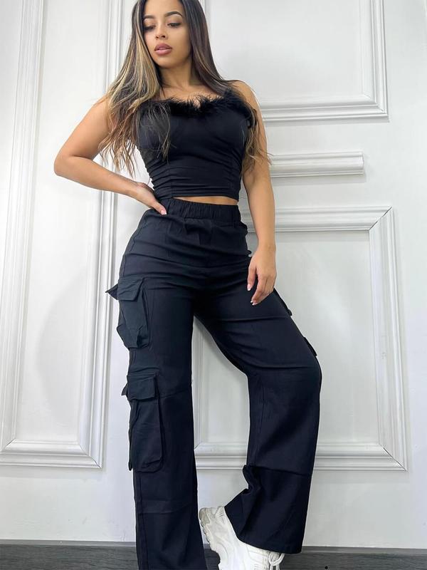 Plain Pocket Elastic Waist Cargo Pants for Women, Comfort Womenswear, Basic Street Style Straight Leg Trousers for Women for Daily Wear, Ladies Bottoms for Fall Downtown Girl Clothes