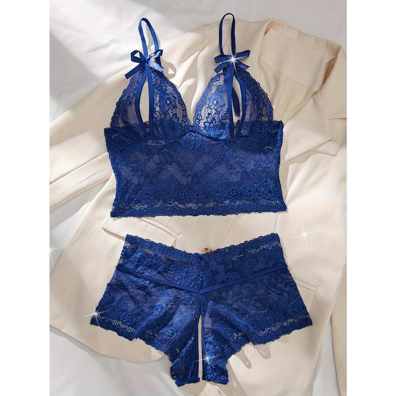 Sexy Floral Lace Lingerie Set, Hollow Out Bow Knot Bra & Open Crotch Boyshort Panties, Women's Sexy Lingerie & Underwear