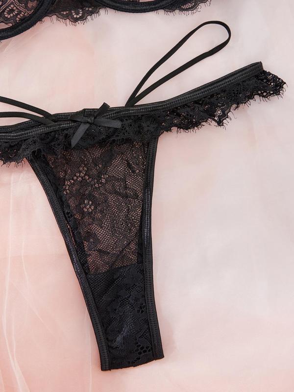Women's Floral Lace Cut Out Underwire Bra & Bow Decor Thong Sheer Sexy Lingerie Set, Romantic Adjustable Strap Bra & Thong, Lingerie Set for Women