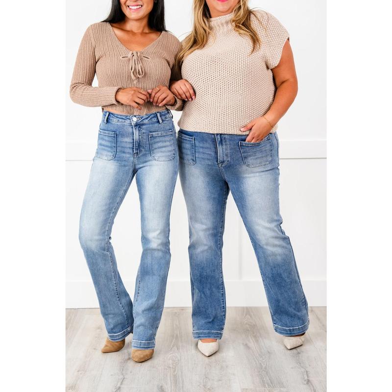 Risen Guilty As Sin Multiple Inseam High Rise Medium Wash Patch Pocket Straight Leg Jeans (Multiple Options)