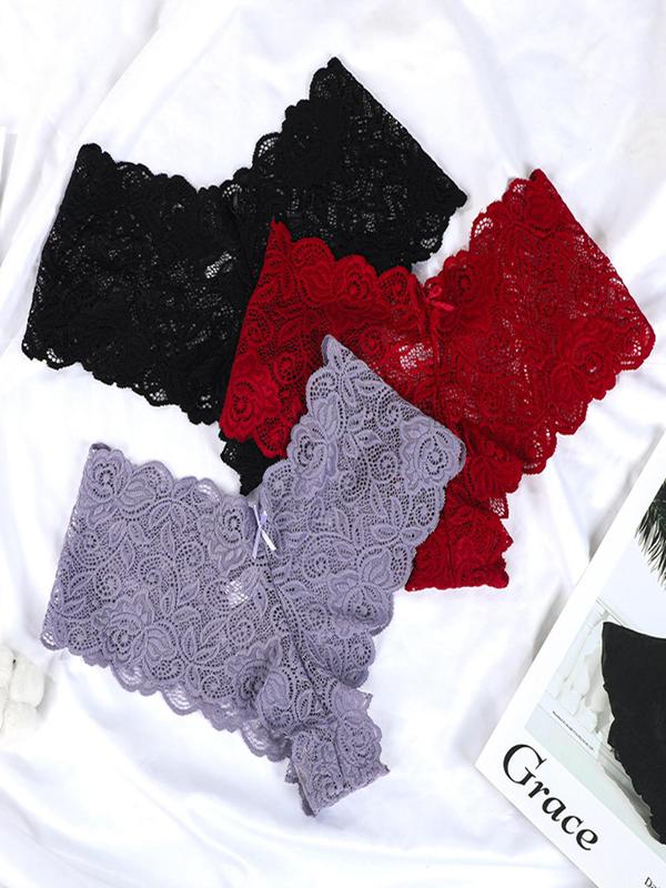 Women's Bow Decor Scallop Trim Lace Panties, Soft Comfy Breathable Knicker for Daily Wear, Ladies Underwear for All Seasons, Underwear for Women, Summer Clothes for Women, Fall Wear, Fallfreshness, Fall Clothes, Birthday Wear Black Girl
