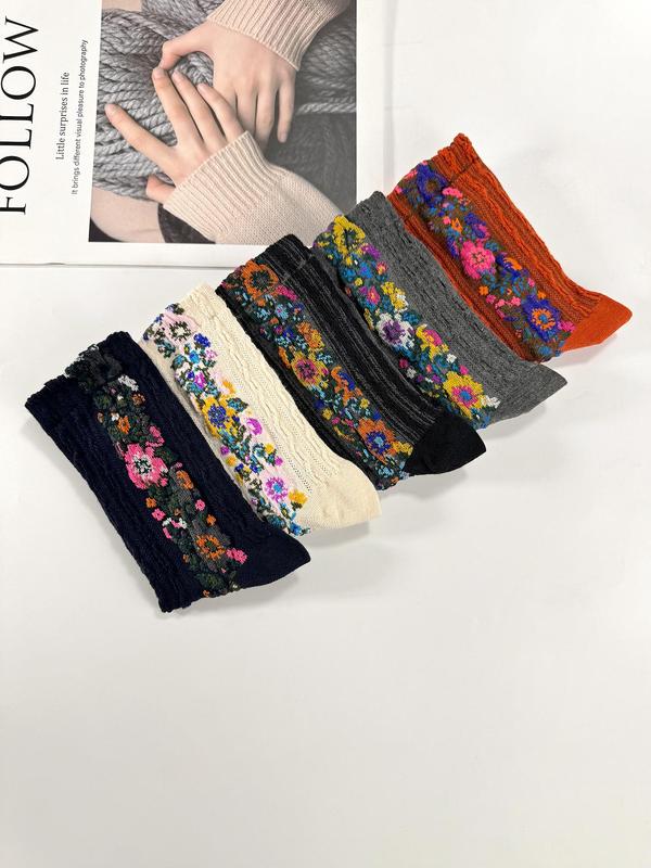 Women's Floral Print Textured Crew Socks, Vintage Casual Comfy Mid-calf Socks for Fall & Winter, Women's Socks for Daily Wear