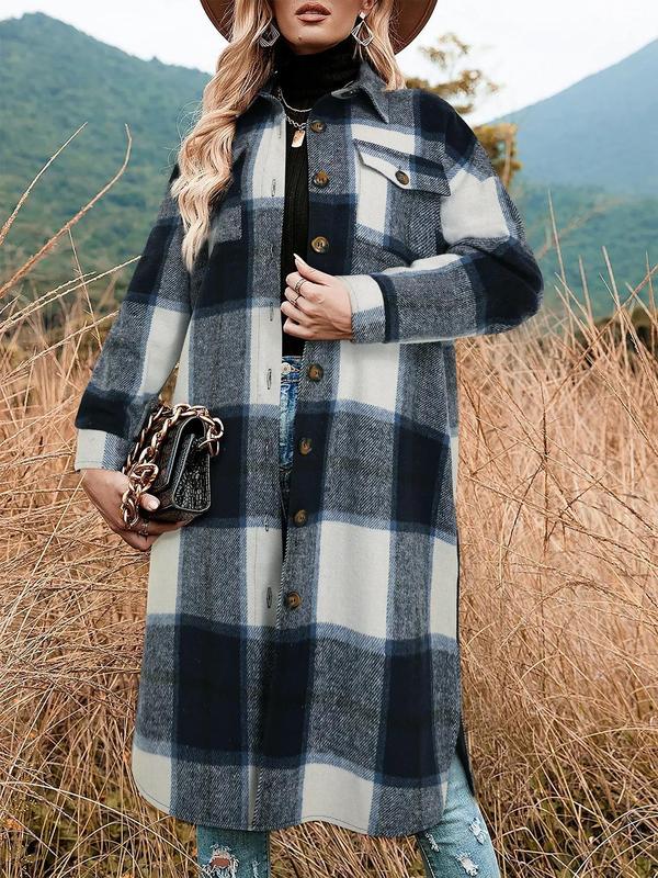 Coolcool exclusive Women's Plaid Print Button Front Split Side 3 4 Sleeve Warm Coat for Spring, Lady Casual Comfort Loose Drop Shoulder Collared Outerwear, Womenswear, Women's Fall Clothes, Winter Cloths Women, Fall Outfits, Downtown Girl Clothes