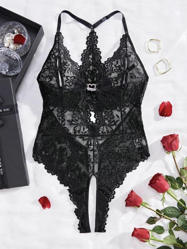 Women's Floral Lace Scallop Trim Cut Out Sheer Crotchless Sexy Lingerie Wear, Bow Front Rhinestone Heart Decor Sleeveless Bodysuit, Ladies Clothes, Women Sexy Lingerie, Bodysuit for Women Basic Womenswear Backless Costume Modest Fitted Womenswear Backless