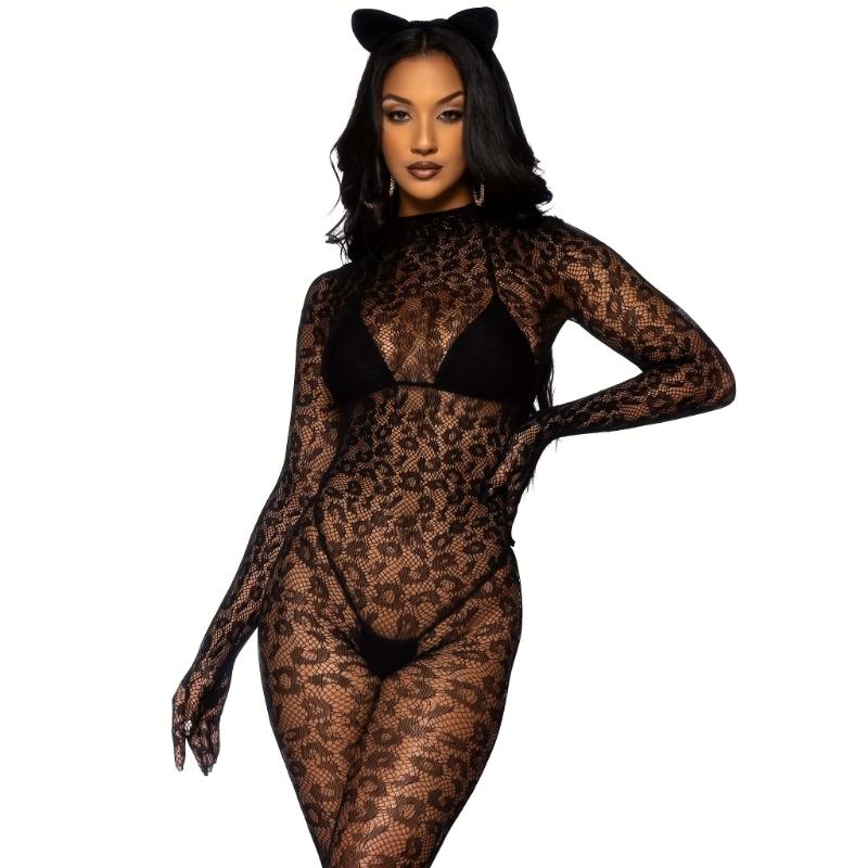 Leopard Fishnet Bodystocking, Hollow Out Backless Long Sleeve Mesh Bodystocking, Women's Sexy Lingerie & Underwear