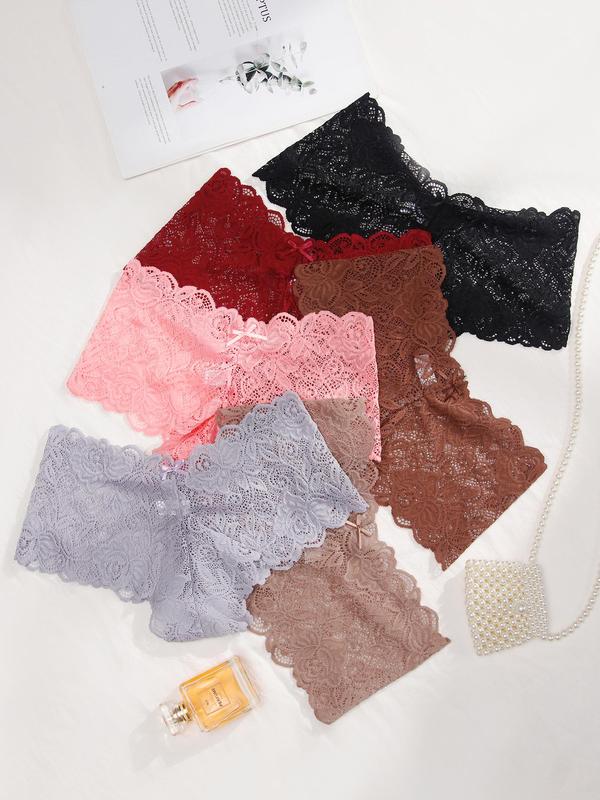 Women's Bow Decor Scallop Trim Lace Panties, Soft Comfy Breathable Knicker for Daily Wear, Ladies Underwear for All Seasons, Underwear for Women, Summer Clothes for Women, Fall Wear, Fallfreshness, Fall Clothes, Birthday Wear Black Girl