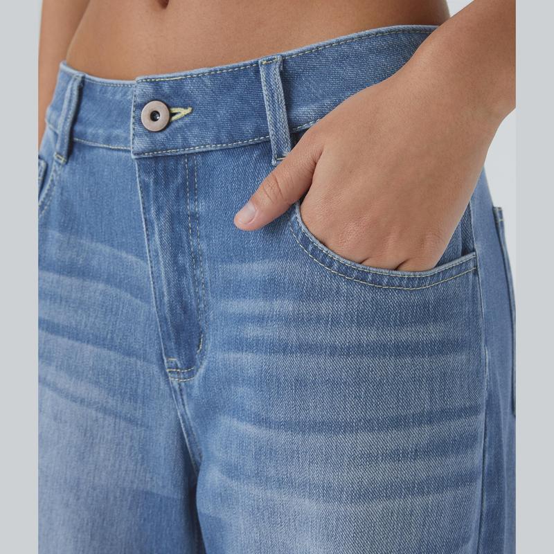 Halara Halara Flex™ Low Rise Button Zipper Multiple Pockets Washed Stretchy Knit Wide Leg Casual Jeans