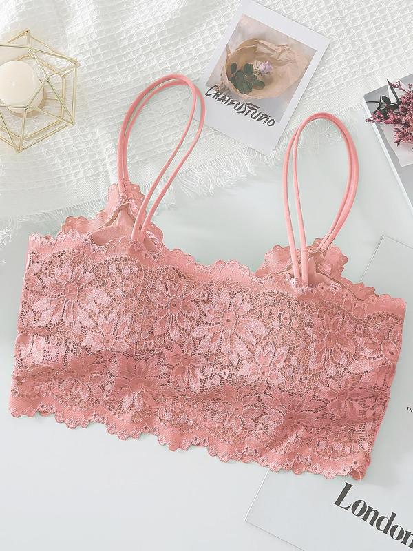 Women's Contrast Lace Sheer Bra, Elegant Double Spaghetti Strap Lingerie Top, Soft Comfortable Breathable Lingerie for All Seasons Bralette