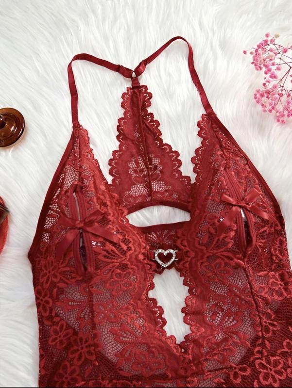 Women's Floral Lace Scallop Trim Cut Out Sheer Crotchless Sexy Lingerie Wear, Bow Front Rhinestone Heart Decor Sleeveless Bodysuit, Ladies Clothes, Women Sexy Lingerie, Bodysuit for Women Basic Womenswear Backless Costume Modest Fitted Womenswear Backless