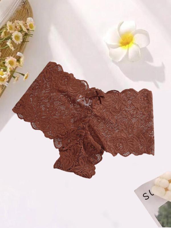 Women's Bow Decor Scallop Trim Lace Panties, Soft Comfy Breathable Knicker for Daily Wear, Ladies Underwear for All Seasons, Underwear for Women, Summer Clothes for Women, Fall Wear, Fallfreshness, Fall Clothes, Birthday Wear Black Girl