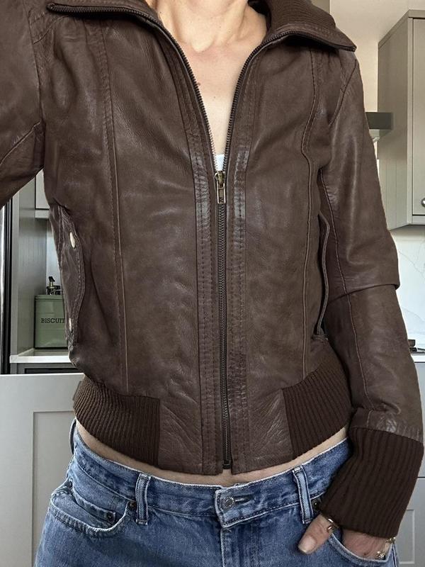 Women's Solid Zipper Faux Leather Jacket, Casual Long Sleeve Collared Outerwear for Fall & Winter, Ladies Clothes for Daily Wear
