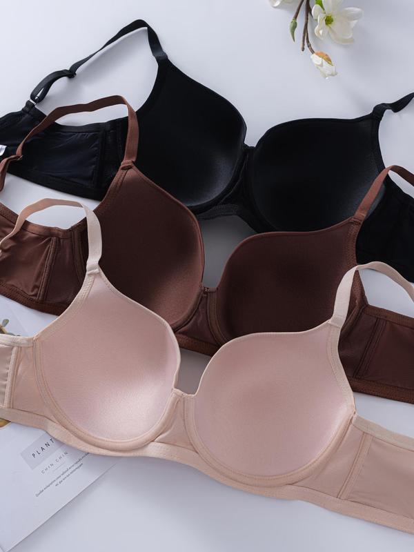  Solid Color Adjustable Strap Backless Bra, Women's Push Up Bra, Soft Comfy Breathable Underwear for Daily Wear