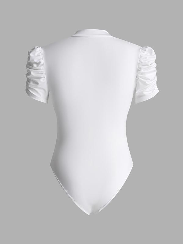 YOZY [4 Colors, Size 4-14] Plain Wrap V Neck Puff Sleeve Ruched Bodysuit  Elegant Criss Cross Bodysuit, Basic Minimalist Womenswear, 2024 Women's Summer Outfits for Daily Wear, [S-XXL]