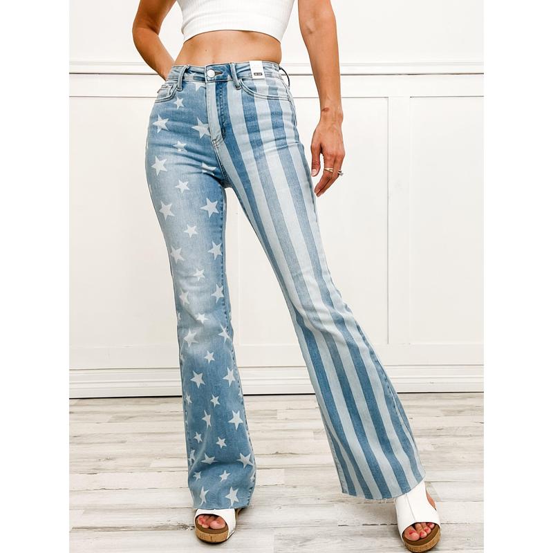 Judy Blue Hi-Rise Stars and Stripes Bleach Discharge Flare Denim Jeans