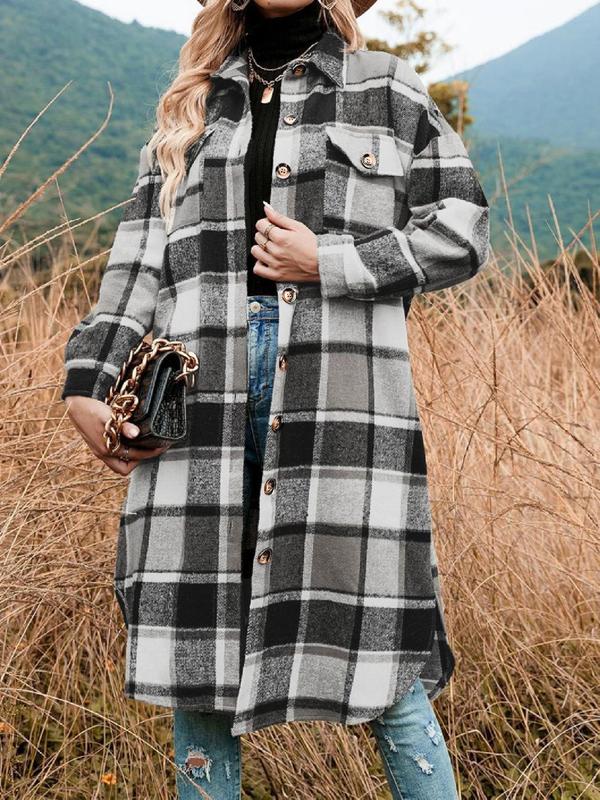 Coolcool exclusive Women's Plaid Print Button Front Split Side 3 4 Sleeve Warm Coat for Spring, Lady Casual Comfort Loose Drop Shoulder Collared Outerwear, Womenswear, Women's Fall Clothes, Winter Cloths Women, Fall Outfits, Downtown Girl Clothes
