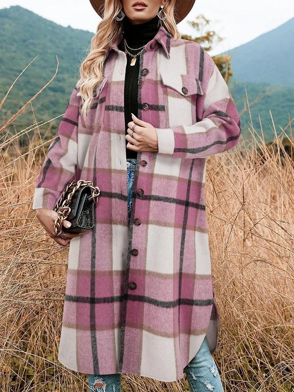 Coolcool exclusive Women's Plaid Print Button Front Split Side 3 4 Sleeve Warm Coat for Spring, Lady Casual Comfort Loose Drop Shoulder Collared Outerwear, Womenswear, Women's Fall Clothes, Winter Cloths Women, Fall Outfits, Downtown Girl Clothes
